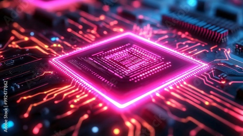 A motherboard microchip in PC pink neon 