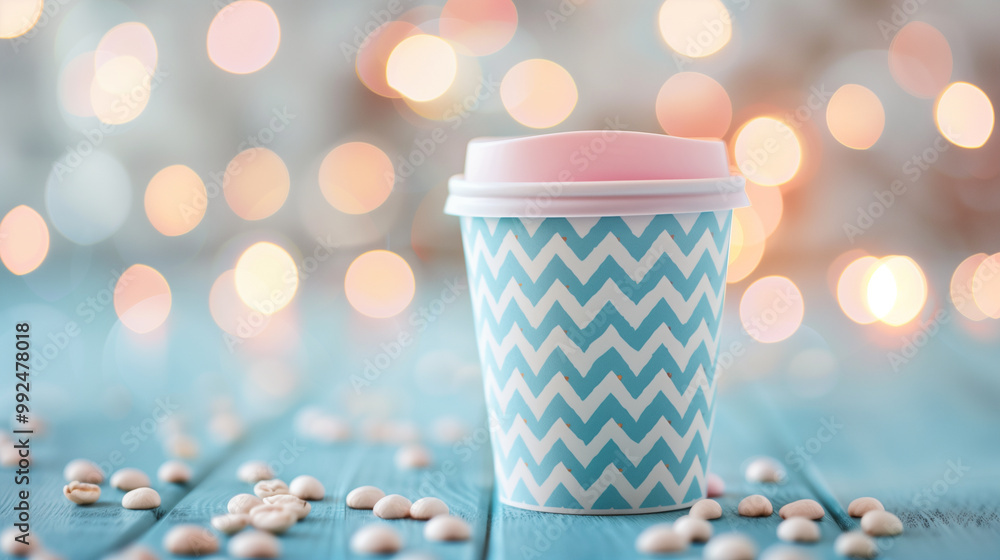 Colorful coffee cup with zigzag pattern on a pastel blue table and bokeh lights in the background Colorful coffee cup with zigzag pattern on a pastel blue table and bokeh lights in the background
