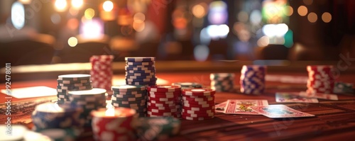 Obraz na płótnie Poker chips scattered on a table with blurred background.