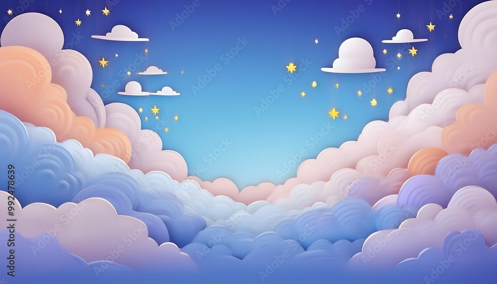 The sky background is filled with pastel fluffy clouds in a paper layer format. The sky background is filled with pastel fluffy clouds in a paper layer format.