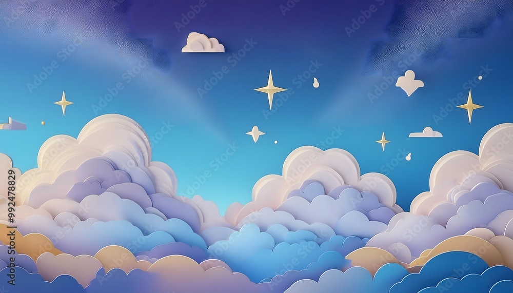 The sky background is filled with pastel fluffy clouds in a paper layer format. The sky background is filled with pastel fluffy clouds in a paper layer format.