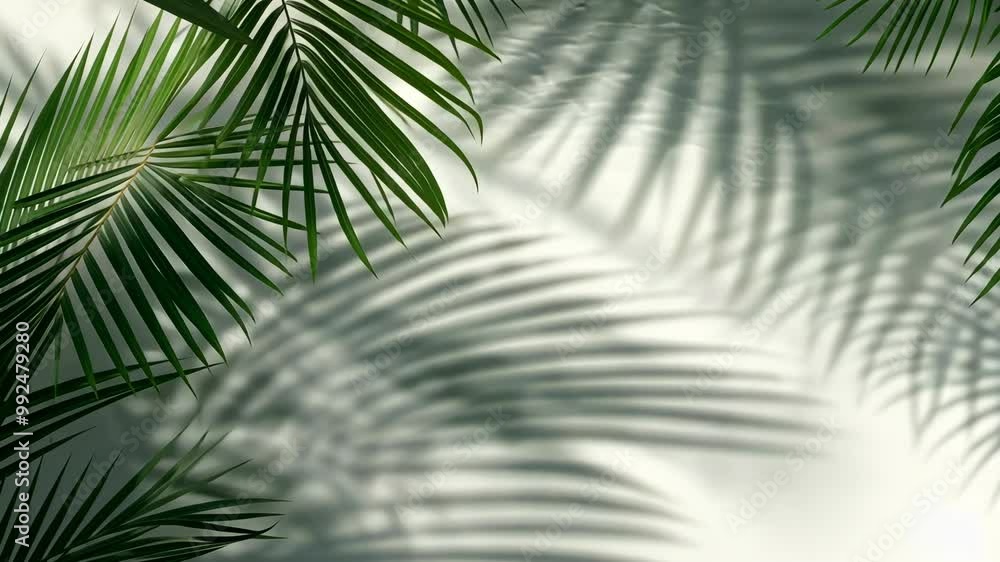 Palm fronds cast shadows on a white wall, creating a beautiful pattern of light and dark Palm fronds cast shadows on a white wall, creating a beautiful pattern of light and dark