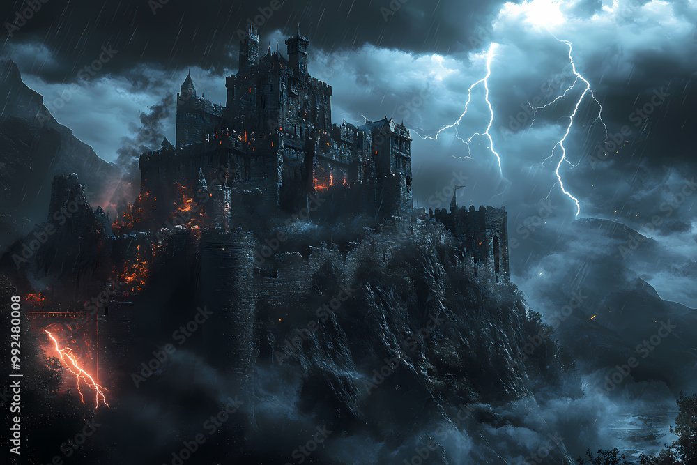 Fototapeta premium Majestic Medieval Castle on Mountain Cliff - Gaming Wallpaper