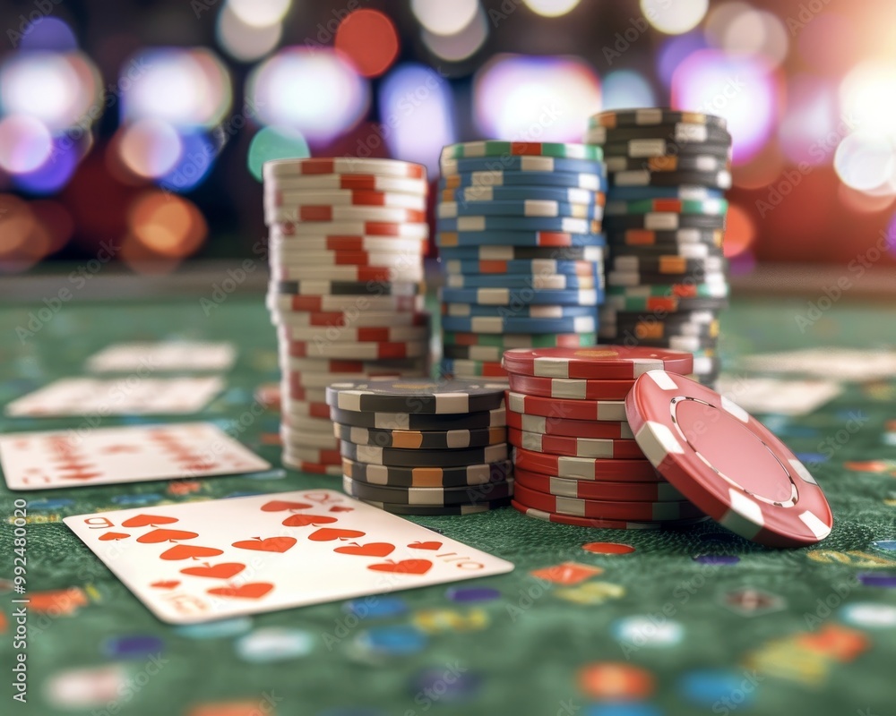 Stacks of poker chips and playing cards on a green felt table. Stacks of poker chips and playing cards on a green felt table.