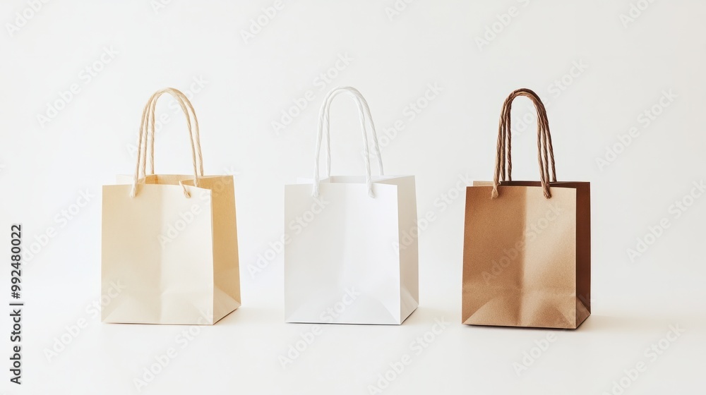 Three paper shopping bags with handles, displayed neatly on a crisp white backdrop Three paper shopping bags with handles, displayed neatly on a crisp white backdrop