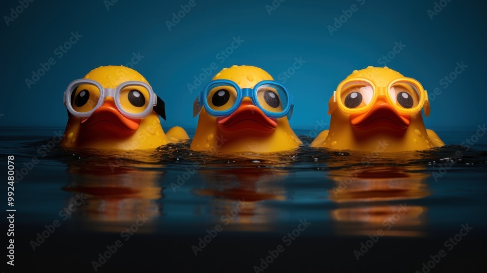 Three Rubber Ducks with Sunglasses Swimming Three Rubber Ducks with Sunglasses Swimming
