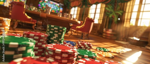 Stacks of poker chips on a wooden floor in a casino.