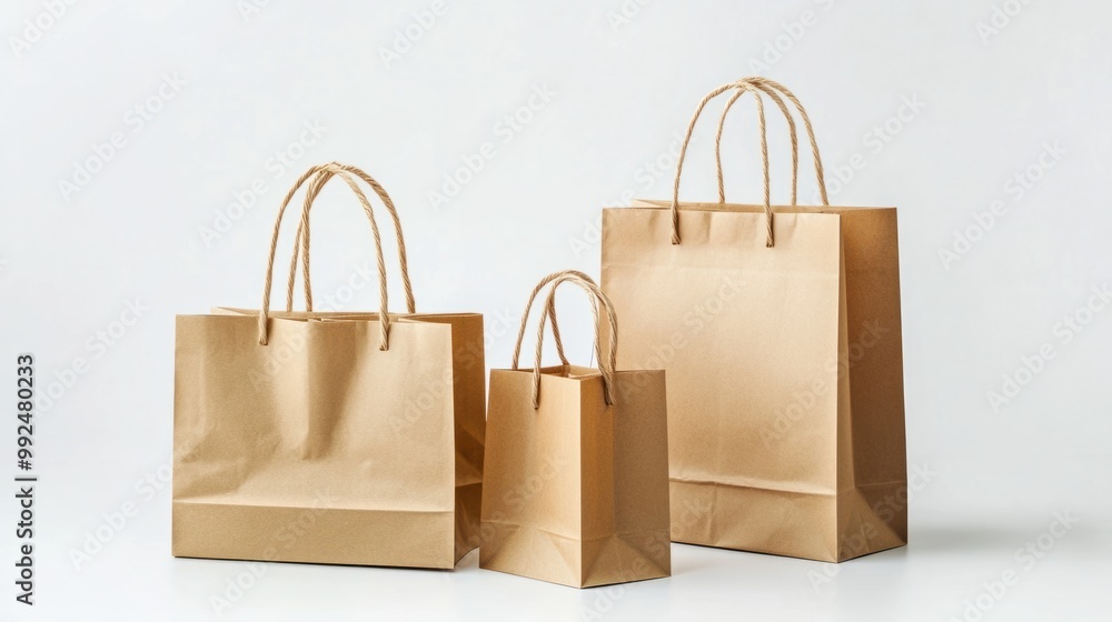 Three sturdy paper shopping bags in various sizes, isolated on a clean white background Three sturdy paper shopping bags in various sizes, isolated on a clean white background
