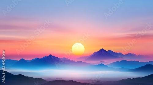 A breathtaking sunset over majestic mountains, casting soft hues of orange and purple in the sky, creating a serene landscape.