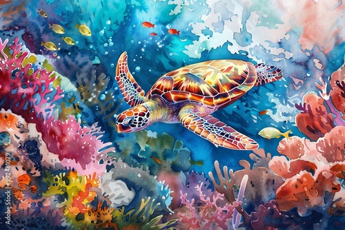 Sea Turtle swimming through a vibrant coral reef with colorful corals and fish, watercolor illustration, created by ai
