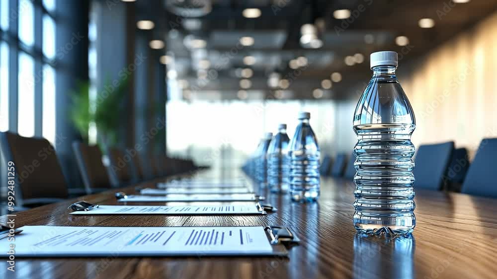 A row of water bottles sits on a conference table with papers and clipboards in an office A row of water bottles sits on a conference table with papers and clipboards in an office
