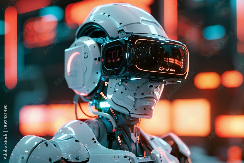 Cyberpunk robot wearing tech-enhanced goggles, solving a cyber mystery, 3D render, created by ai Cyberpunk robot wearing tech-enhanced goggles, solving a cyber mystery, 3D render, created by ai