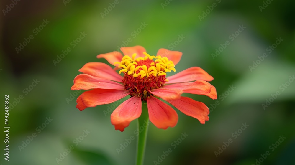 A vibrant orange flower with intricate yellow centers, standing out beautifully against a blurred green background. A vibrant orange flower with intricate yellow centers, standing out beautifully against a blurred green background.