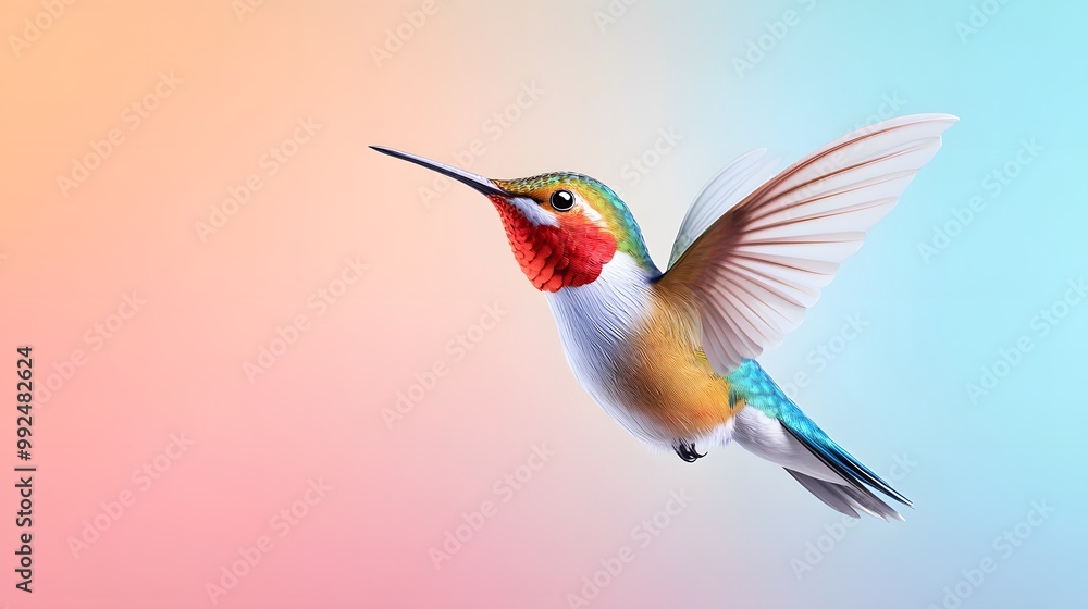 A colorful hummingbird in mid-flight against a soft gradient background, showcasing its vibrant plumage and grace. A colorful hummingbird in mid-flight against a soft gradient background, showcasing its vibrant plumage and grace.