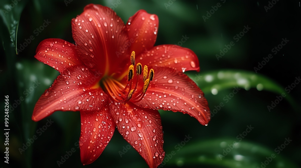 Close-up of a beautiful red lily flower adorned with raindrops, set against a lush green background, showcasing natural beauty. Close-up of a beautiful red lily flower adorned with raindrops, set against a lush green background, showcasing natural beauty.