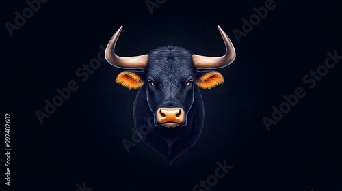 A striking close-up of a bull's head with prominent horns against a dark background, symbolizing strength and power.