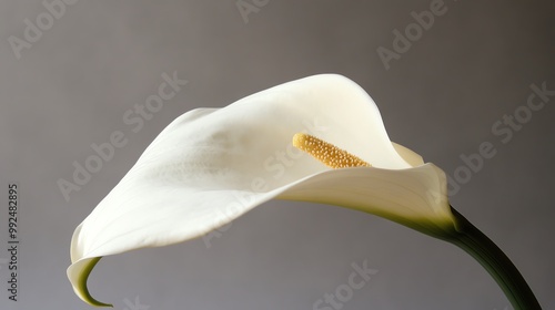 Elegant white calla lily flower on a soft gray background, symbolizing purity and beauty in nature. photo