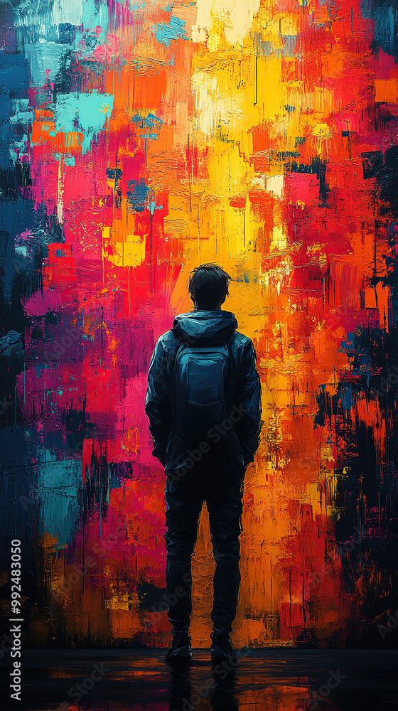 Figure standing in front of a colorful abstract street art wall Figure standing in front of a colorful abstract street art wall
