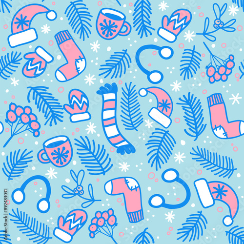 Christmas seamles pattern with knitted goods, snowflakes and evergreen branches. Light blue doodled festive gackground.