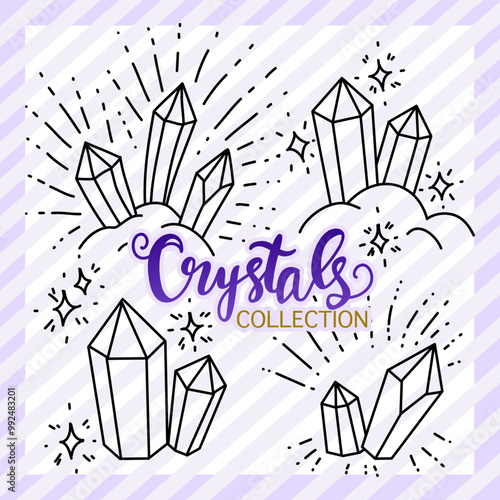 Set of crystals and gemstone with sparkles. Geometric and polygonal shapes. Hand drawn vector illustration