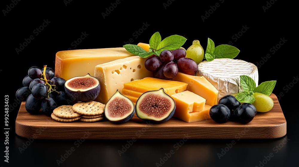 Cheese and Fruit Platter: A delectable arrangement of gourmet cheeses, ripe figs, and juicy grapes, artfully presented on a rustic wooden board against a dramatic black background. Perfect for menus. Cheese and Fruit Platter: A delectable arrangement of gourmet cheeses, ripe figs, and juicy grapes, artfully presented on a rustic wooden board against a dramatic black background. Perfect for menus.