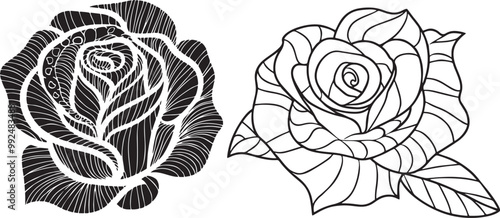 Drawing rosr for coloring book, tattoo, shirt design, logo, sign. stylized illustration of rose photo