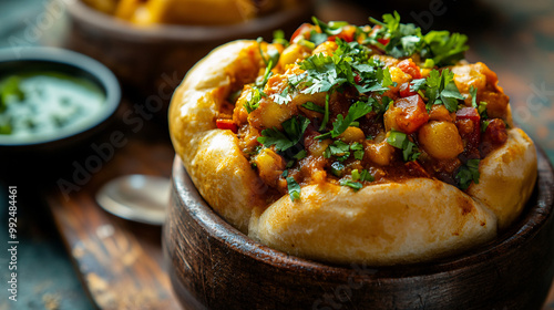 shot of South African bunny chow filled with spicy curry and topped with fresh cilantro photo