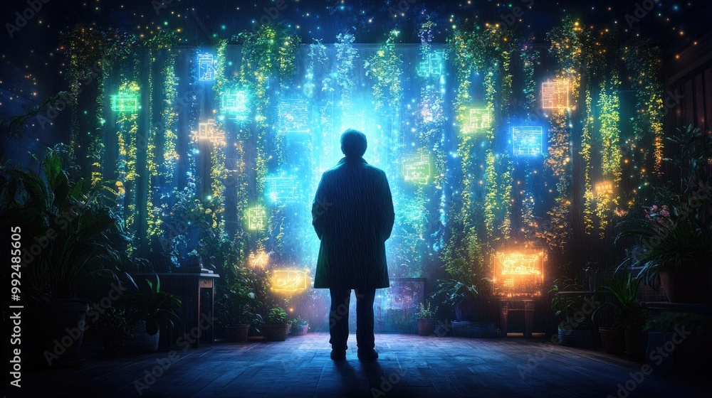 Man standing in enchanted digital garden with neon glowing screens at night Man standing in enchanted digital garden with neon glowing screens at night