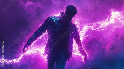 Stylized Silhouette of Man in Neon Glow with Vibrant Purple and Pink Light Effects