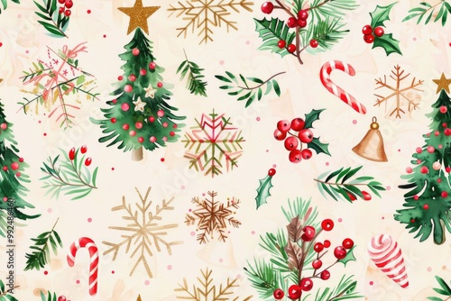 Festive christmas seamless pattern with trees, snowflakes, bells, and candy canes. AI