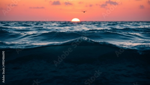 3d sea waves layered background with a birds and sunset