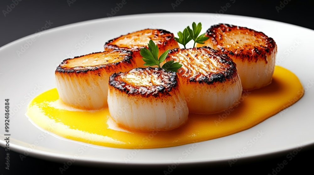Seared Scallops with Mango Sauce: Indulge your senses with this delectable image of perfectly seared scallops, artfully arranged on a pristine white plate and drizzled with a vibrant mango sauce. Seared Scallops with Mango Sauce: Indulge your senses with this delectable image of perfectly seared scallops, artfully arranged on a pristine white plate and drizzled with a vibrant mango sauce.