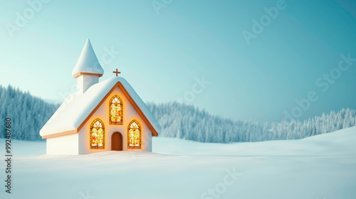 Wallpaper Mural A small church with glowing stained-glass windows, nestled in a peaceful snowy landscape, illuminated under a soft winter sky, evoking Christmas tranquility. Torontodigital.ca