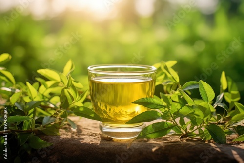 Green tea leaves shine in the sun, showing the beauty of the tea garden. Suitable for nature themed designs, growth concepts, and environmental awareness campaigns. Generative AI photo