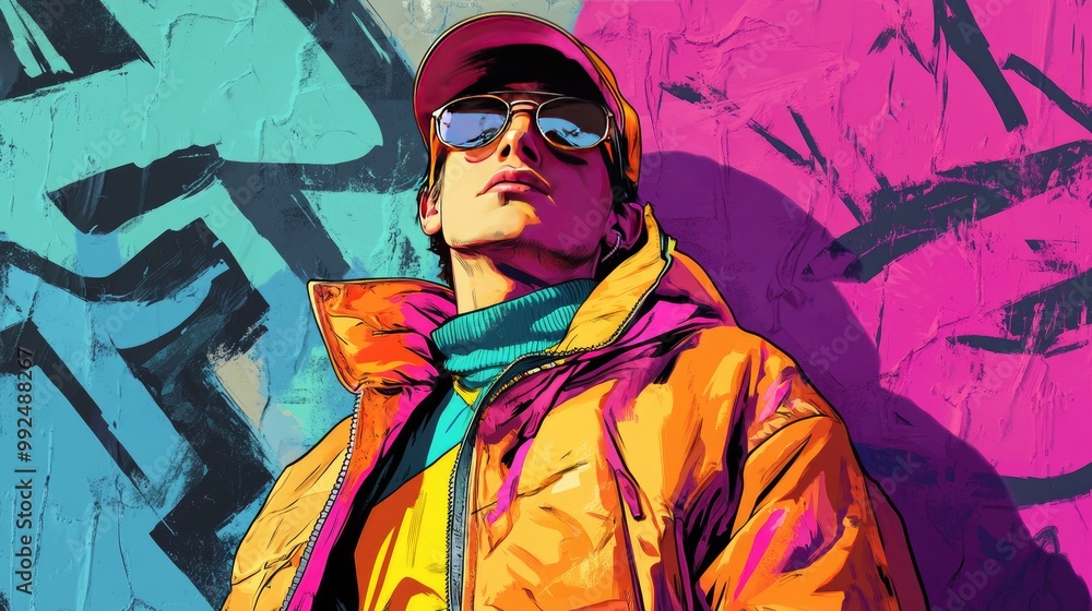 Stylish Young Man in Bright Urban Streetwear with Sunglasses Against Vibrant Graffiti Background Stylish Young Man in Bright Urban Streetwear with Sunglasses Against Vibrant Graffiti Background