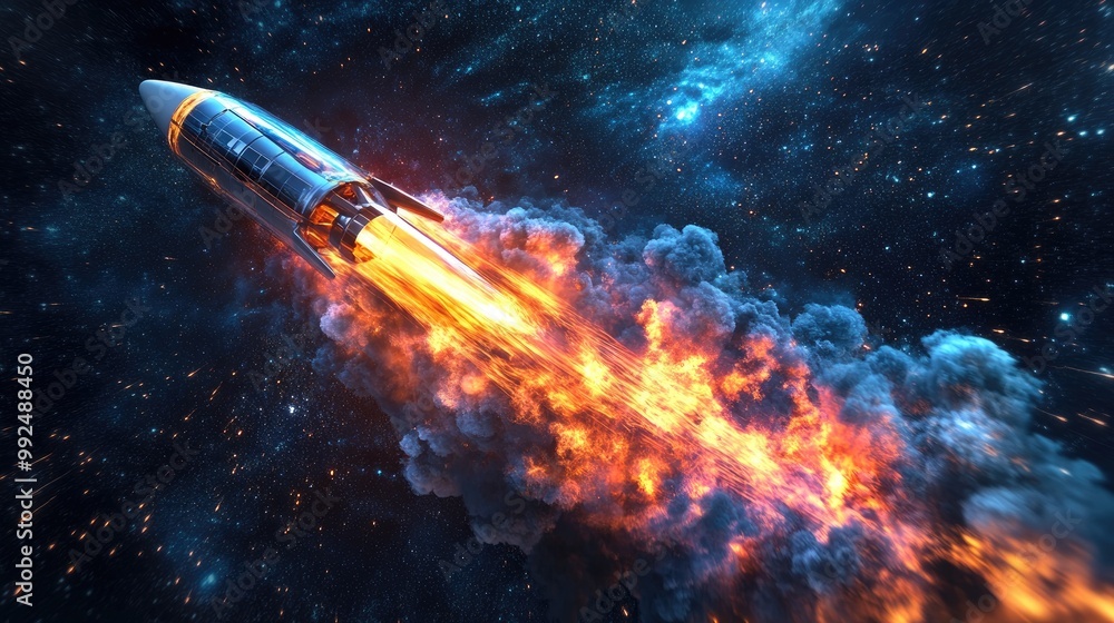 Fototapeta premium Rocket Launch in Outer Space with Fiery Trail Against Starry Sky Background