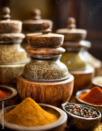 Handcrafted spice jars with depth of field showcasing freshly ground spices and earthy tones