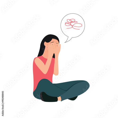 Stuck or trapped, metal problem, anxiety or depression, solitude or loneliness. Sad depressed woman with a ravel of problems in her mind. Mental health flat vector concept.