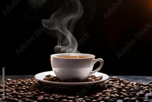 White cup with steaming coffee surrounded by coffee beans on a dark background. Suitable for coffee shop promotions or beverage menus. Generative AI