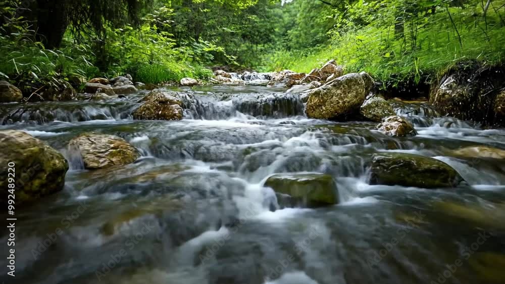 Close-up of a small stream flowing over rocks in a forest. Close-up of a small stream flowing over rocks in a forest.