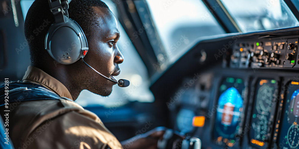 Fototapeta premium A focused pilot in the cockpit of an airplane, ready for takeoff.