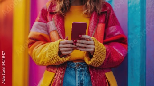 Fashionable Woman in Colorful Jacket Using Smartphone Against Vibrant Background photo