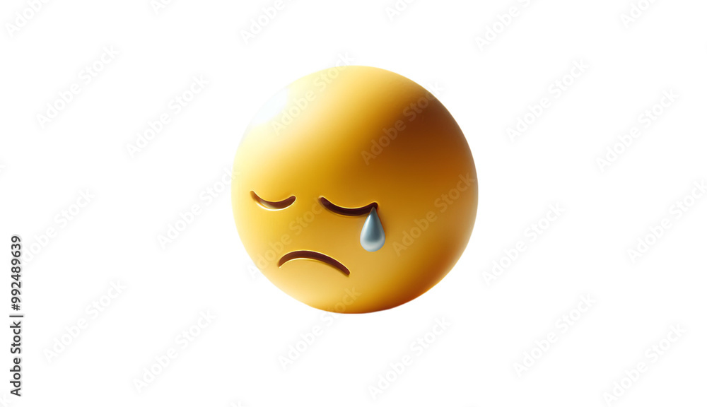 Fototapeta premium Sad Crying Emoji with Single Tear, Representing Sorrow, Sadness, and Disappointment in a Simple and Emotionally Expressive Yellow Cartoon Style Illustration