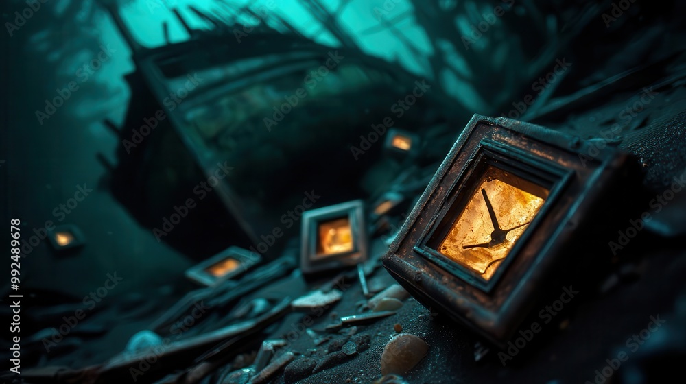 Obraz premium Sunk ship in deep sea, scattered wreckage, eerie atmosphere