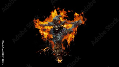 Animated Fire Effect on Burning Scarecrow. Isolated Mock Up For Special Effects, Visual Effects, VFX, Post Production, Animation with Transparent Background