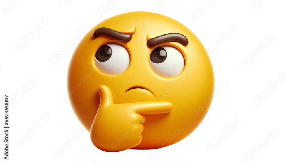 Fototapeta premium Thinking Emoji with Pensive Expression, Representing Deep Thought, Curiosity, or Contemplation in a Bright Yellow Cartoon Style Illustration