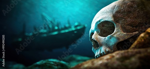 Sunken shipwreck, deep ocean floor, mysterious scene photo