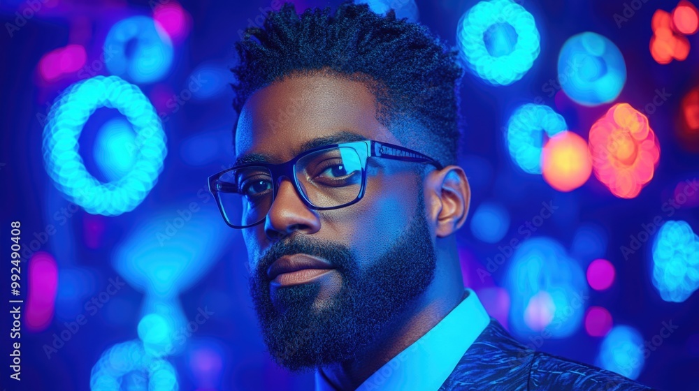 Confident man in glasses standing against vibrant neon light background Confident man in glasses standing against vibrant neon light background