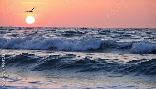 3d sea waves layered background with a birds and sunset