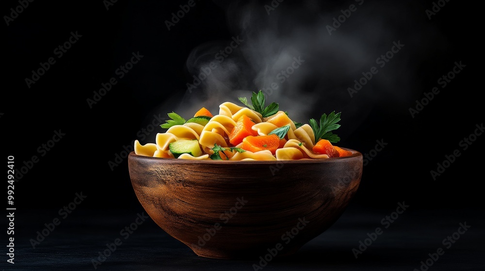 Steaming Vegetable Pasta in Rustic Bowl Steaming Vegetable Pasta in Rustic Bowl